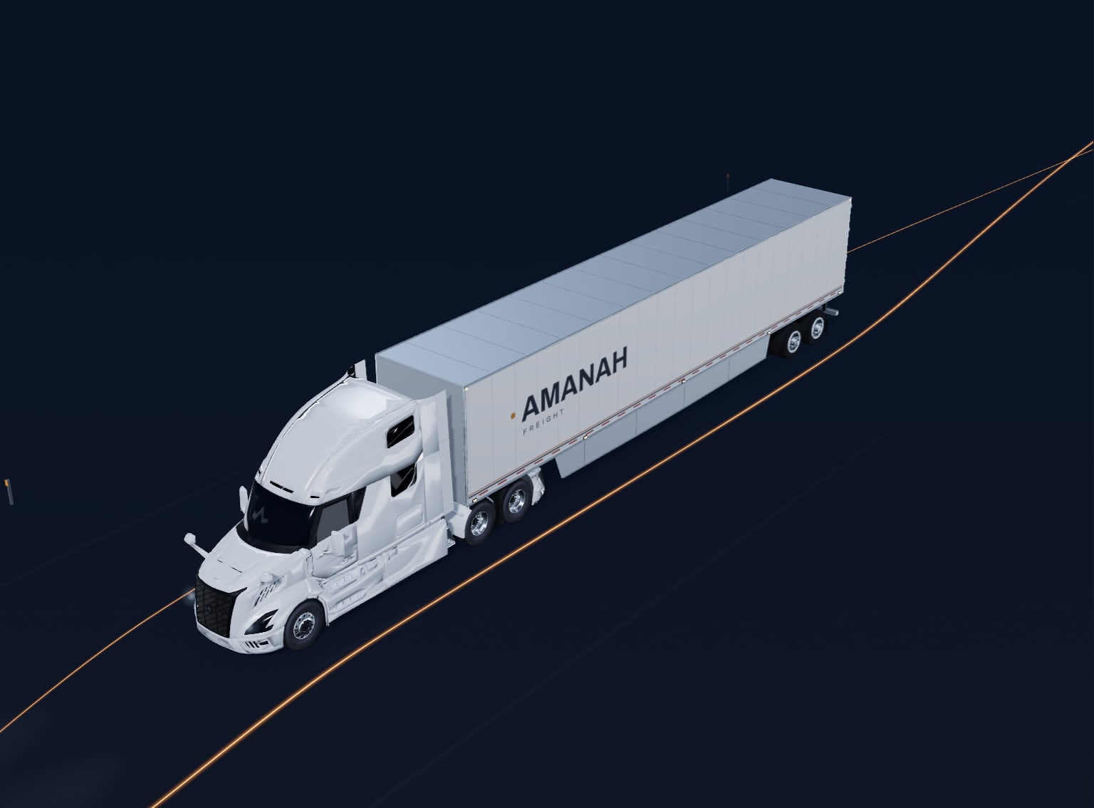 A white semi truck with a fixed route beneath its wheels